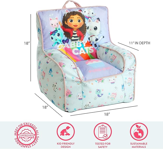 Idea Nuova Gabby's Dollhouse Kids Fabric Bean Bag Chair with Piping & Top Carry Handle, Large