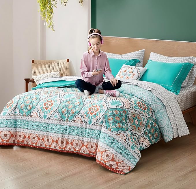 Degrees of Comfort Twin Bed in A Bag 6 Piece, Lattice Boho Bedding Sets for Teen Girls, Aqua Floral Bed Set, Microfiber Colorful Comforter Set with Sheets, Matching Decorative Pillow