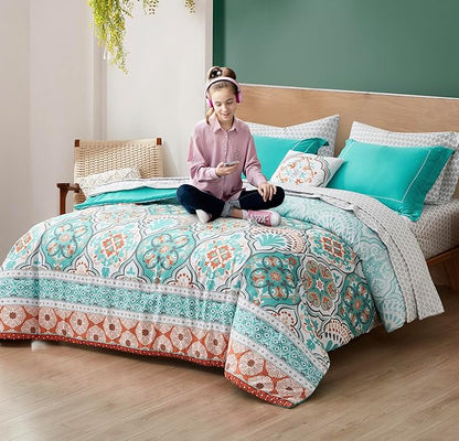 Degrees of Comfort Twin Bed in A Bag 6 Piece, Lattice Boho Bedding Sets for Teen Girls, Aqua Floral Bed Set, Microfiber Colorful Comforter Set with Sheets, Matching Decorative Pillow