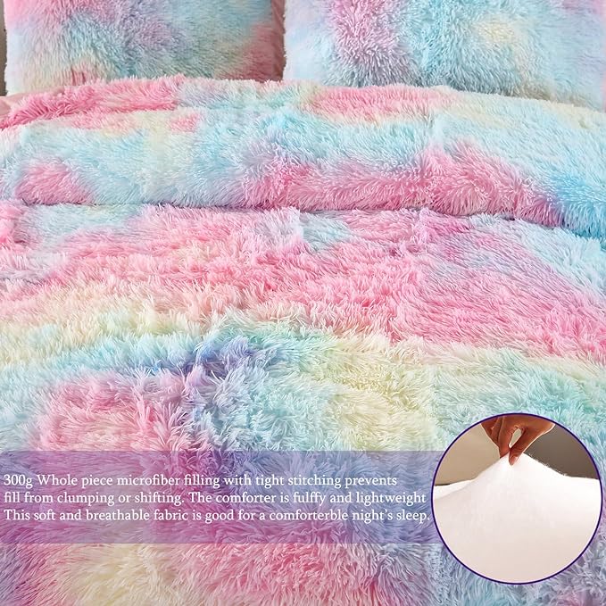 WINLIFE Shaggy Faux Fur Comforter Set Flannel Fuzzy Bedding Set Long Hair Fluffy Plush Comforter Sets Gradient Ombre Tie Dye MultiColor Bedding for Girls Women (3Pcs, Queen, Rainbow)