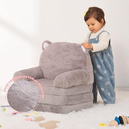 Kids Couch Fold Out Soft Toddler Chairs,Toddler Armrest Chair Bed for Play,Gift for 0-3 Years,Grey Kitty
