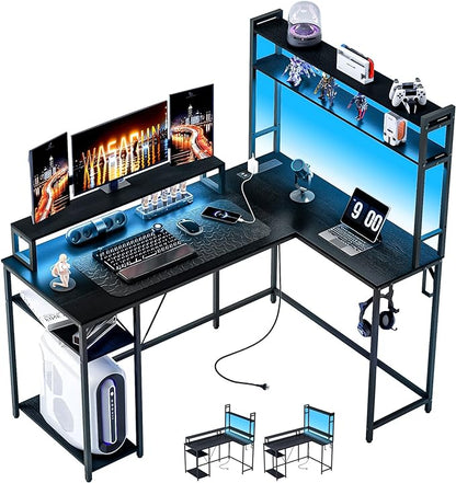 L Shaped Desk with Monitor Stand & Hutch, Computer Gaming Desk with LED Lights & Power Outlets, Home Office Coner Desk with Adjustable Storage Shelves, Black