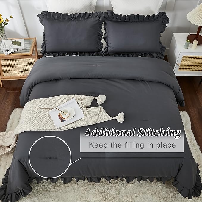 Andency Dark Gray Twin Size Comforter, 2 Pieces Kids All Season Ruffle Bed Comforter Set, Boho Lightweight Solid Farmhouse Shabby Chic Bedding Comforters & Sets (66x90Inch Comforter)