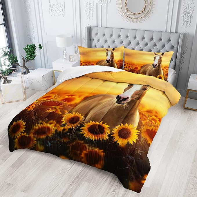 Horse Comforter Full Size,Sunflower Horse Comforter Set for Kids Teens Girls Boys,3Pcs Bedding Set Printed Comforter with 2 Pillowcases,Soft and Lightweight，Full Size