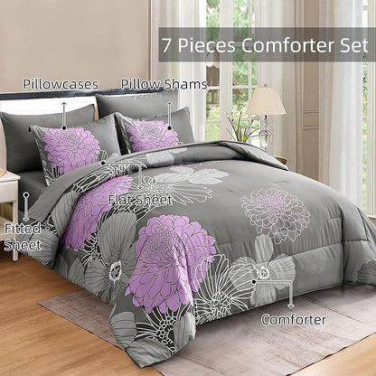 Yiran King Size Comforter Set Grey Purple Comforter Floral Bedding Comforter Set 7 Pieces Soft Microfiber Bed Set for All Seasons 103"×90"