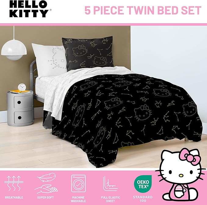 Jay Franco Hello Kitty Stars Twin Comforter Set - 5 Piece Bedding includes Sheet Set & Pillow Covers - Super Soft Zodiac Black & Gold Bedding