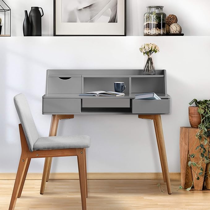 Teamson Home Creativo Writing Study Computer Desk with Solid Wood Legs, Storage Drawers and Open Shelves Hutch for Home Office Living Room Reading Bedroom, 37 inch Height, Gray