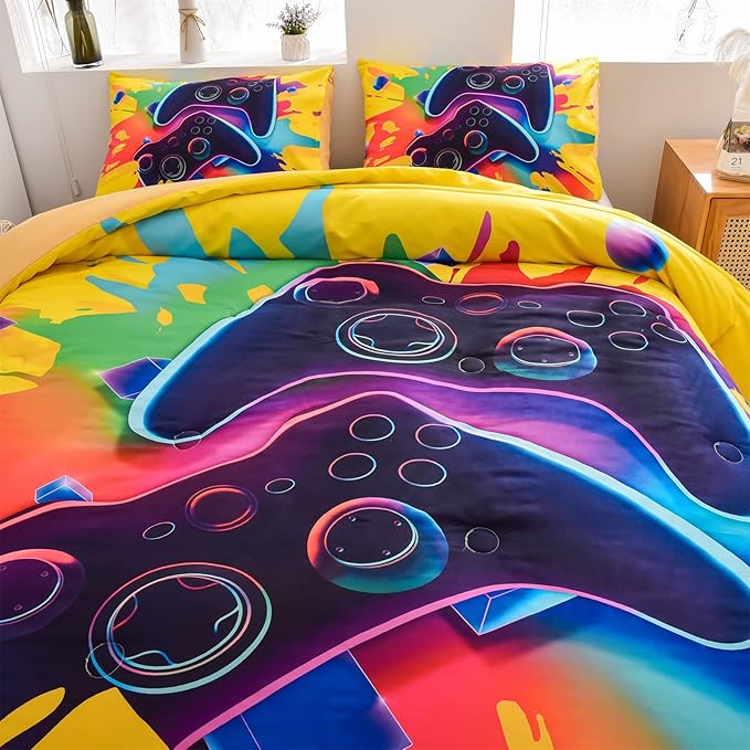 Aimuan Gaming Bedding Sets Gamer Room Decor 3D Gamepad Video Games Twin Size Comforter Sets for Boys Games Console Action Buttons Novelty Colorful Modern Home Quilt Set (Twin, Yellow)