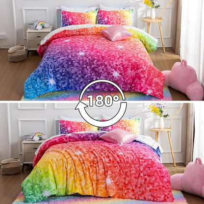 A Nice Night 6Pcs Gradient Abstract Art Grid Mosaic Geometric Bedding Set for Girls, Colorful Rainbow Galaxy Comforter Set, Ultra Soft Bedding Sets (PinkYellow,Full 6Pcs)