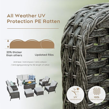 Yechen Patio Conversation Set 9 Seats with 44" Propane Gas Fire Pit Table - 8 Pcs Outdoor Wicker Furniture Set with Lid & Wind Shields - Sectional Sofa Set for Porch,Backyard