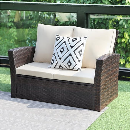 4 Piece Patio Furniture Sets, All-Weather Wicker Conversation Sets, Outdoor Rattan Sectional Sofa Chair with Cushions and Coffee Table for Balcony, Garden, Backyard, Brown