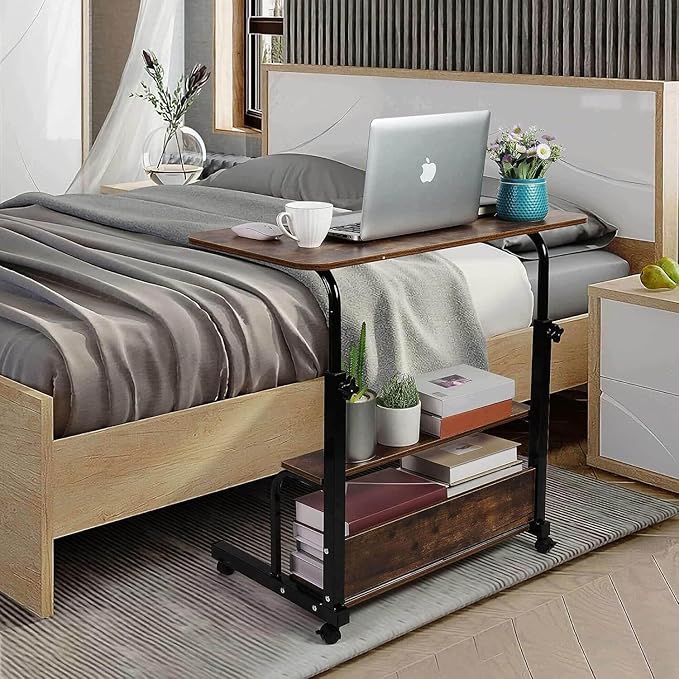 Adjustable Home Office Computer Desk Writing Desk with Storage Shelves Simple Style Workstation for Home Office Small Spaces Storage Table with Wheels Mobile Convenient Brownish, XY-1