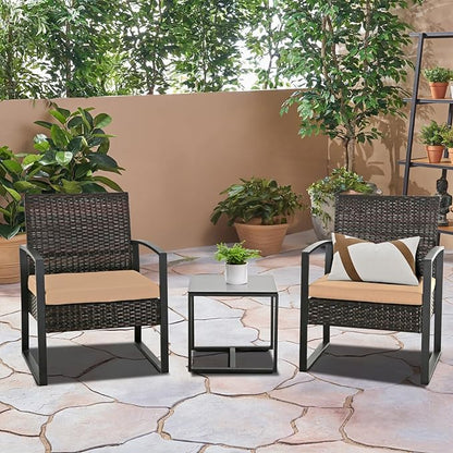 3 Pieces Patio Furniture Set, Outdoor Patio Set, Patio Bistro Set, All-Weather Wicker Conversation Set with Cushions Table for Porch Backyard (Brown-Brown)