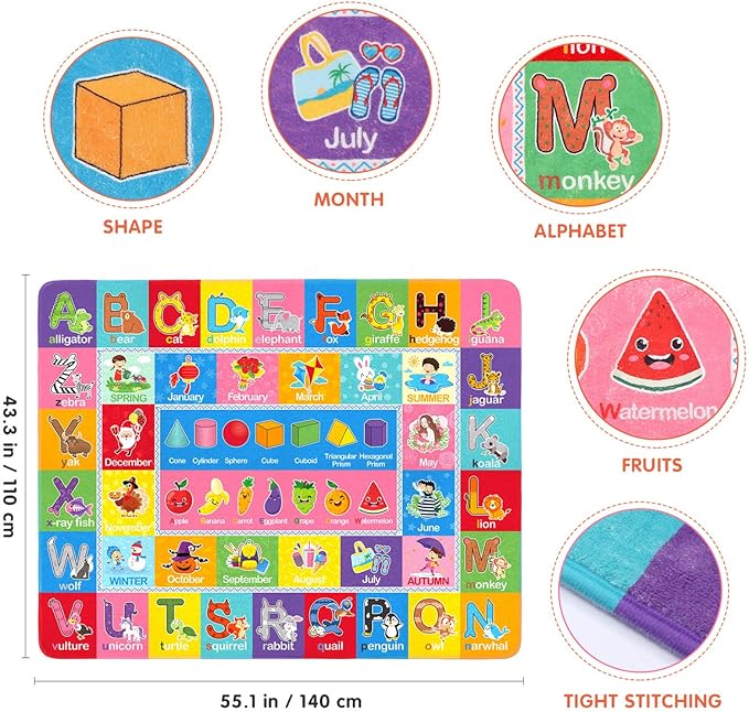IMIKEYA Play Rugs Playroom Mat with Colorful Pattern, Playtime Collection ABC Alphabet, Seasons, Months, Fruit and Shapes Playmat Educational Rug for Kids Playroom Bedroom, 55 x 43.3 Inch