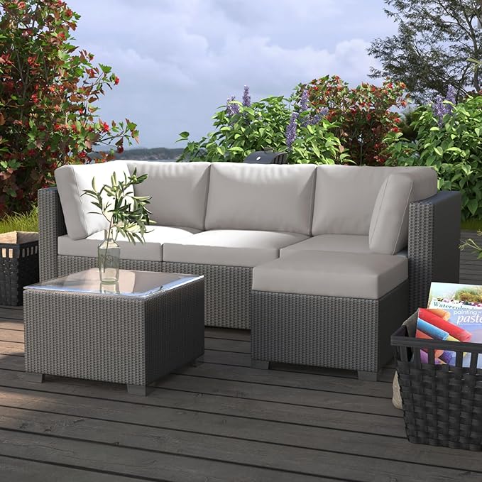 GAOMON 5-Piece Outdoor Patio Rattan Wicker Sofa Set, Pe Rattan Conversation Sectional with Thickened Back Cushion, Glass Tabletop, Ottoman - Ideal for Courtyard Space, Light-grey