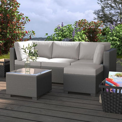 GAOMON 5-Piece Outdoor Patio Rattan Wicker Sofa Set, Pe Rattan Conversation Sectional with Thickened Back Cushion, Glass Tabletop, Ottoman - Ideal for Courtyard Space, Light-grey