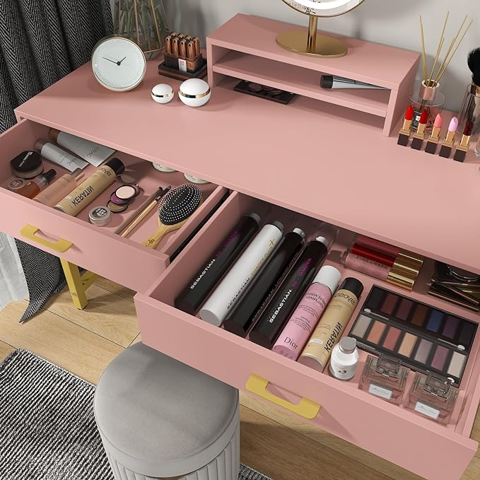 WESTREE Women Makeup Vanity Desk with 2 Drawers - Bedroom Home Office Desk, Wooden Height Monitor Stand & Storage Shelf without Mirror, Pink Table Great Gift for Her