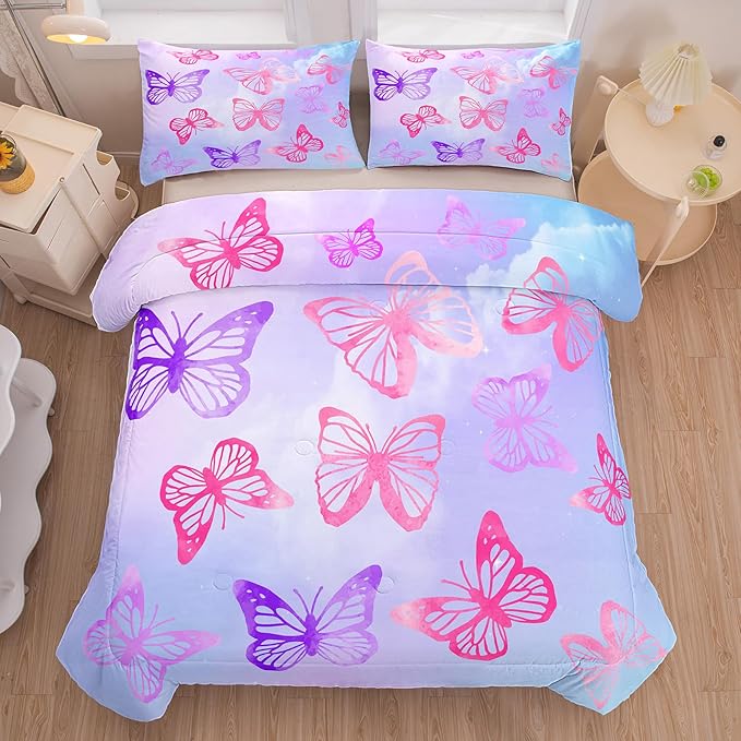 Tailor Shop Butterfly Comforter Sets Twin Size,Purple Butterfly Bedding Sets for Girls Kids Teens with 1 Pillowcase…