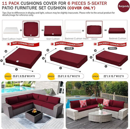 ClawsCover 11Pack Outdoor Seat and Back Cushions Replacement Covers Fit for 5-Seater 6Pieces Wicker Rattan Patio Furniture Conversation Set Sectional Couch Chairs,Burgundy-Included Cover Only