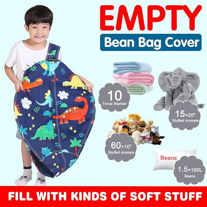 Lukeight Stuffed Animal Storage Bean Bag Chair Cover for Kids, Dinosaur Zipper Beanbag Chair Cover for Organizing Toddler & Kids' Rooms Plush Toys (Dinosaur, Large)