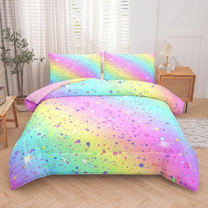 Full Size Comforter Set for Girls, Rainbow Comforter Set Full, 5 pcs Bed in A Bag, Girls Bedding Set Full, Kids Princess Girls Comforter Set, Pink Full Comforter Set with Fitted and Flat Sheet