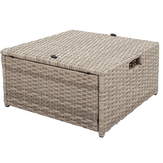 Set, 4 Piece Outdoor Wicker Rattan Sectional Sofa with Glass Table, Ottoman and Soft Cushions, Front Porch Apartment Patio Furniture for Backyard Lawn Garden, E-Beige b