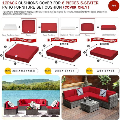 ClawsCover 12 Pack Outdoor Seat and Back Cushions Replacement Covers Fit for 6Pieces 5-Seater Wicker Rattan Patio Furniture Conversation Set Sectional Couch Chairs,Red-Include Cover Only