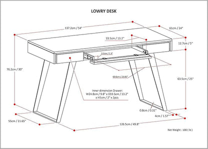 SIMPLIHOME Lowry SOLID WOOD and Metal Modern Industrial 54 inch Wide Home Office Desk, Writing Table, Workstation, Study Table Furniture in Distressed Golden Wheat with 2 Drawers