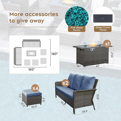 Yechen Patio Conversation Set 10 Seats with 44" Propane Gas Fire Pit Table - 7 Pcs Outdoor Wicker Furniture Set with Lid & Wind Shields - Sectional Sofa Set for Porch,Backyard