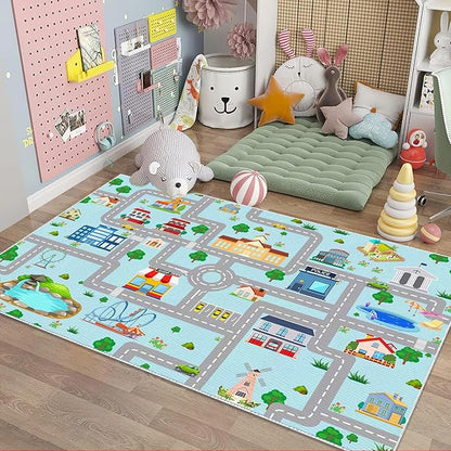 Kids Car Rug,4x6 City Life Traffic Road Playmat for Toy Cars Trains, Non-Slip Race Track Carpet Educational Fun Area Rugs for Boy and Girl Bedroom Nursery
