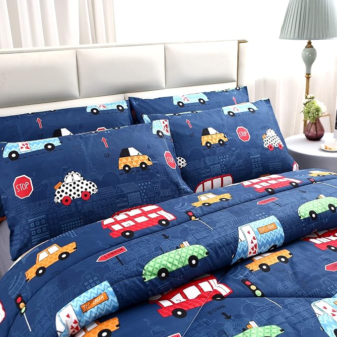 MAG 3Pcs Cartoon Car Bedding Comforter Set, Blue Cute Base Full/Queen Comforter Set,for Toddlers Kids,Boys Teens and Girls,Super Soft Microfiber, Full/Queen Size
