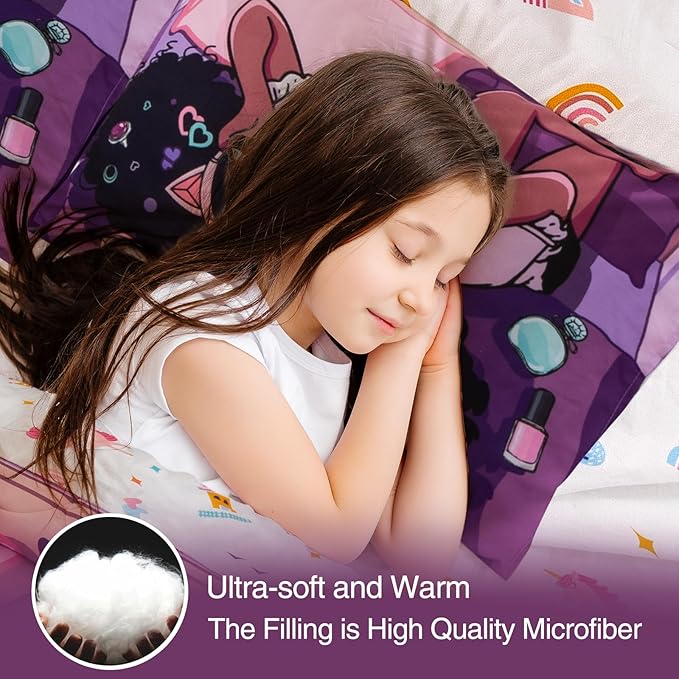 A Nice Night Purple Comforter Sets,Black Girl Listening Music Printed, 6Pcs Bed in A Bag Full Size All Seasons Bedding Set,for Kids, Girls