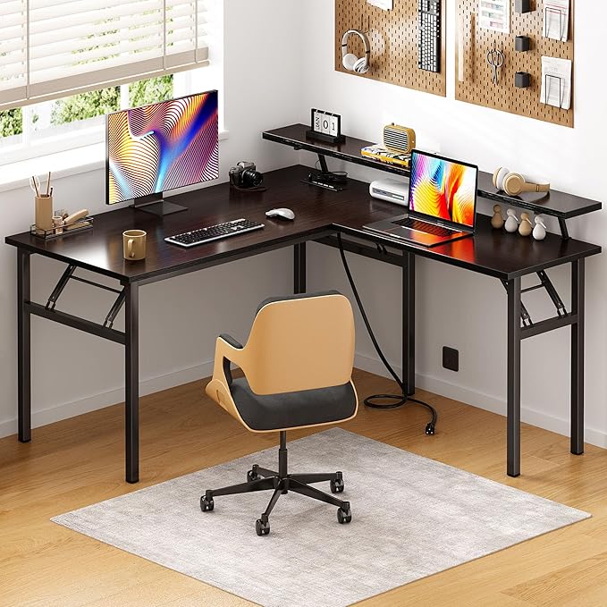 DlandHome Reversible L-Shaped Desk with Monitor Stand,LED Lighting Computer Desk with Power Outlets,Home Office Table Computer Workstation, Black