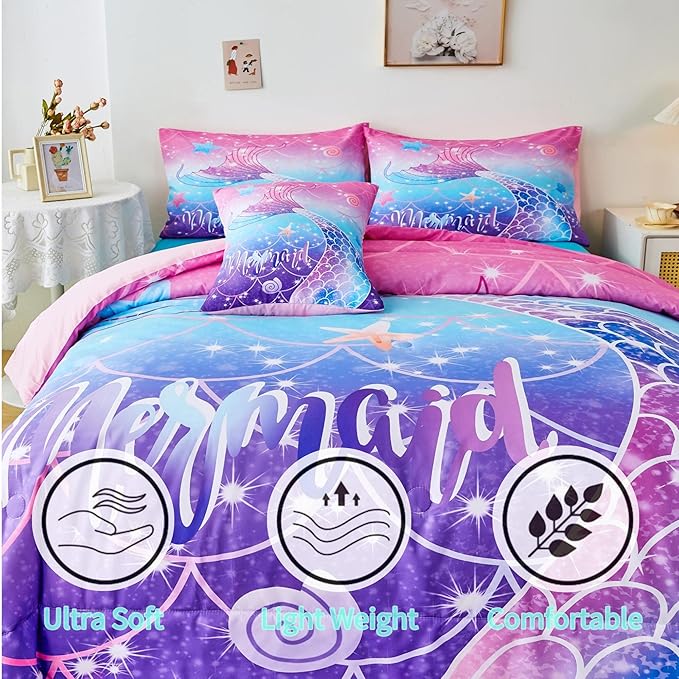 RYNGHIPY Mermaid Comforter Set 6Pcs, Kids Gilrs Bed in a Bag Full Size, Mermaid Tail Print Teens Girls Bedding Set, Rainbow Bedding Collections