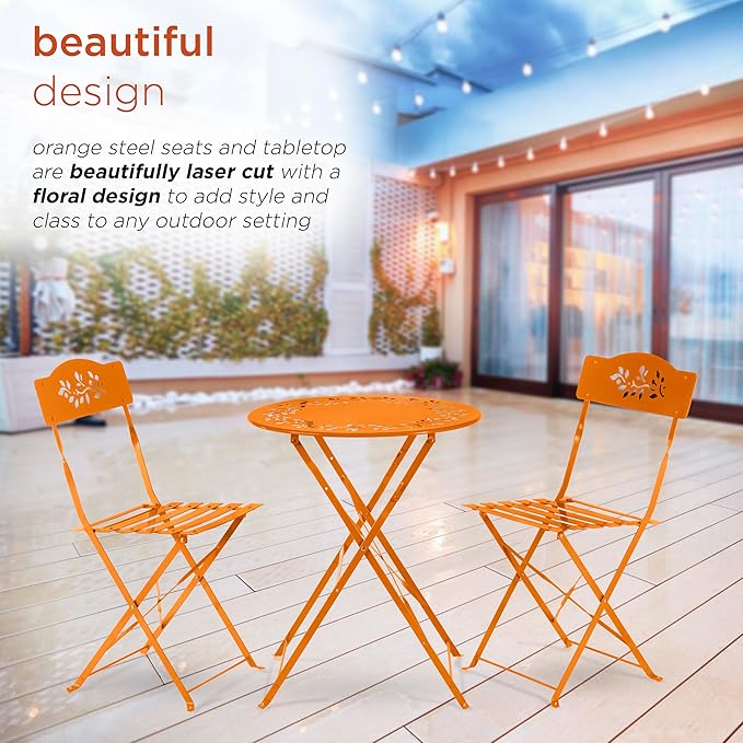 Alpine Corporation Indoor/Outdoor 3-Piece Bistro Set Folding Table and Chairs Patio Seating, Each, Orange