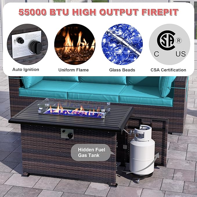 Patio Furniture Sectional Sofa Set 10-Pieces PE Rattan Patio Conversation Set w/43in Gas Fire Pit Table, Outdoor Furniture with 55000 BTU Propane Fire Pit, Blue
