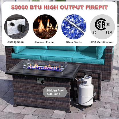 Patio Furniture Sectional Sofa Set 10-Pieces PE Rattan Patio Conversation Set w/43in Gas Fire Pit Table, Outdoor Furniture with 55000 BTU Propane Fire Pit, Blue