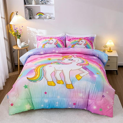 Aimuan Girls Unicorn Comforter Set 3 Pieces Pink Purple Bedding Set with Rainbow Star Galaxy Stars Fantasy Children Room Decor Soft Reversible Bed Sets for Boys/Girls/Teens (Rainbow Twin3Pcs)