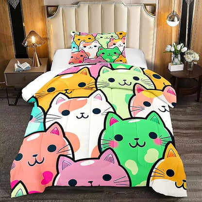 Cat Bedding Twin Size - Cat Comforter Set for Kids Girls Room Cartoon Cat Bedding Set Room Decor Teens Twin Comforter Sets for Girls, 1 Comforter+1 Pillowcase