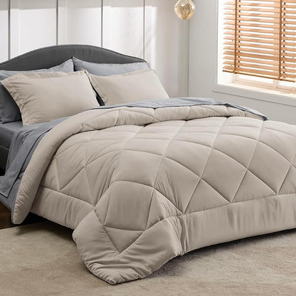 Bedsure Beige Comforter Set - 7 Pieces Reversible Bed in a Bag with Comforters, Sheets, Pillowcases & Shams, Bedding Sets