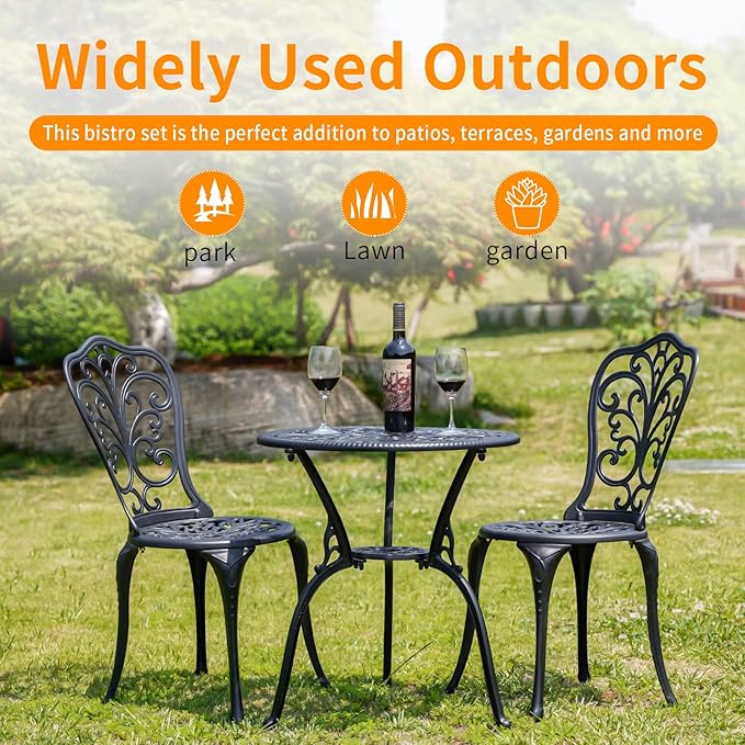 Patio Bistro Set 3 Piece Outdoor,Cast Aluminum Outdoor Bistro Table and Chair Set of 2 with 1.97" Umbrella Hole,All Weather Metal Bistro Table Set for Front Porch Set(Butterfly Black)