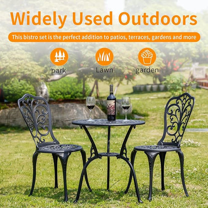 Patio Bistro Set 3 Piece Outdoor,Cast Aluminum Outdoor Bistro Table and Chair Set of 2 with 1.97" Umbrella Hole,All Weather Metal Bistro Table Set for Front Porch Set(Butterfly Black)