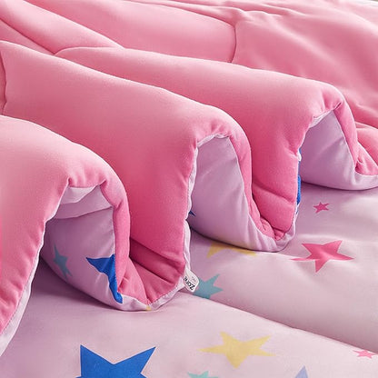 SLEEP ZONE Jersey Knit Pink Comforter Set Twin Size, Breathable & Soft Kids Bedding Set 2-Piece with Comforter, Pillowcase (Colorful Stars, Twin)