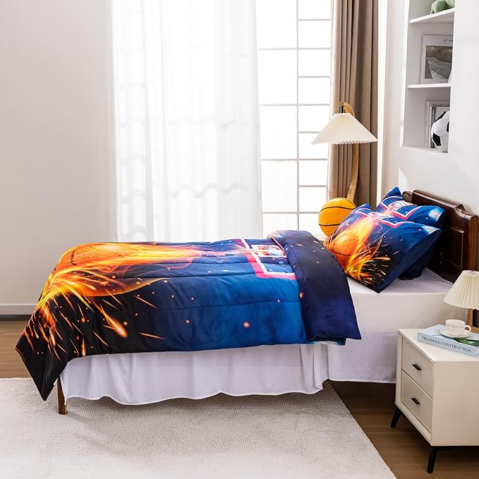 Btargot Basketball Fire Court Comforter Sets Twin for Boys Teens,3D Sports Bedding,Soft Microfiber Reversible Quilt with 2 Matching Pillow Shams
