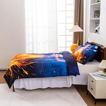 Btargot Basketball Fire Court Comforter Sets Twin for Boys Teens,3D Sports Bedding,Soft Microfiber Reversible Quilt with 2 Matching Pillow Shams
