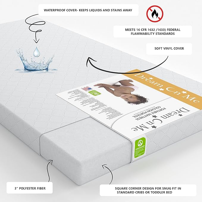 Delta Children Folding Portable Mini Baby Crib with 1.5-inch Mattress - Greenguard Gold Certified, White & Dream On Me Holly 3” Fiber Portable, Greenguard Gold Certified, White