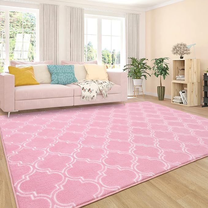 Chicrug Shag Geometric Modern Area Rug for Bedroom, 5x7 Feet Memory Foam Indoor Carpet, Fluffy Rug for Living Room Bedside Room Decor for Family Girls Kids Nursery Play Mat, Pink/White