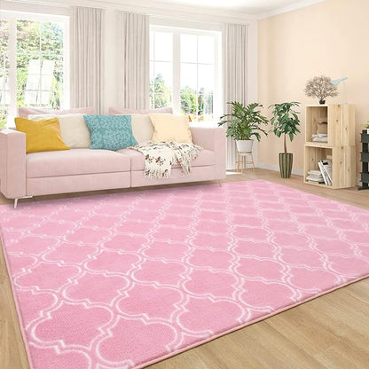 Chicrug Shag Geometric Modern Area Rug for Bedroom, 5x7 Feet Memory Foam Indoor Carpet, Fluffy Rug for Living Room Bedside Room Decor for Family Girls Kids Nursery Play Mat, Pink/White