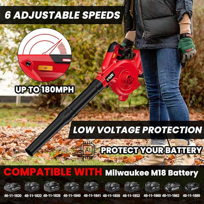 Cordless Leaf Blower for Milwaukee M18 Battery,Electric Jobsite Air Blower with Brushless Motor,6 Variable Speed Up to 180MPH,2-in-1 Handle Electric Blower and Vacuum Cleaner(Battery Not Included)