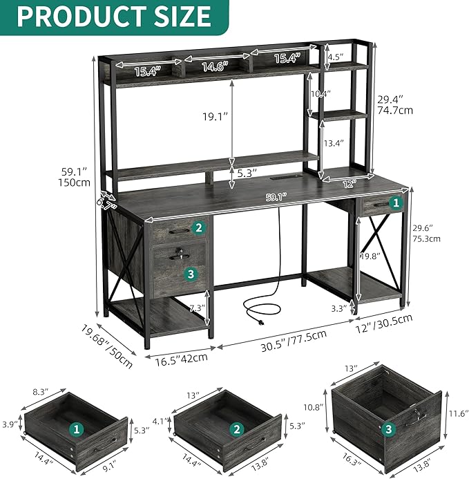 YITAHOME Computer Desk with Drawers & Hutch, 59.1" Office Desk with LED Lights & Power Outlets, Gaming Desk with Monitor Stand & Storage Shelves, Grey
